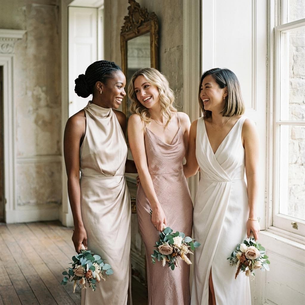 Conceptual wedding party beauty editorial featuring three women